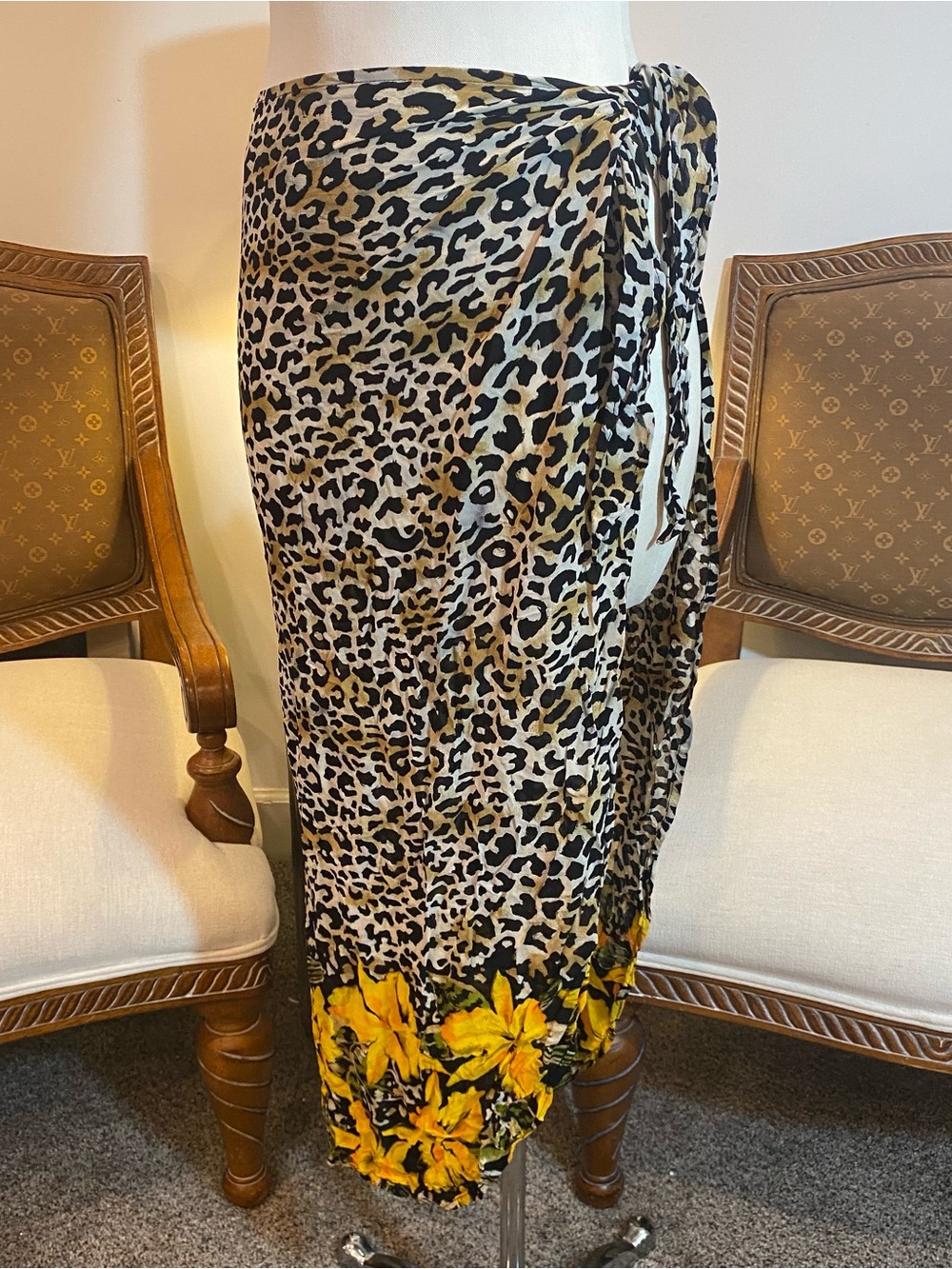 Vintage 70s Leopard Print Sarong Wrap Skirt with Yellow Floral Hem, 100% Rayon